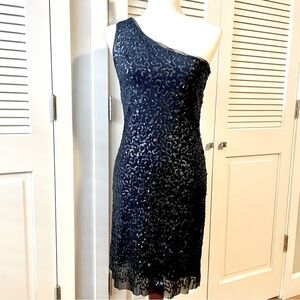Max Studio Black Sequined Cocktail Sheath Dress One Shoulder Bodycon Size M